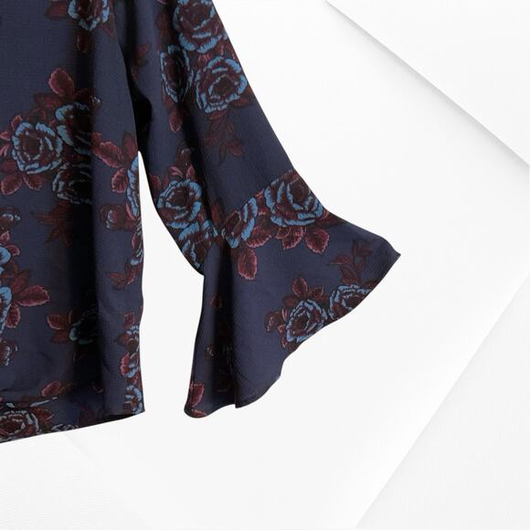 "Veronica M"-Blouse Top Wo men's Size XS Blue Wine Bell Sleeves V-Neck Tie Front - Picture 11 of 13